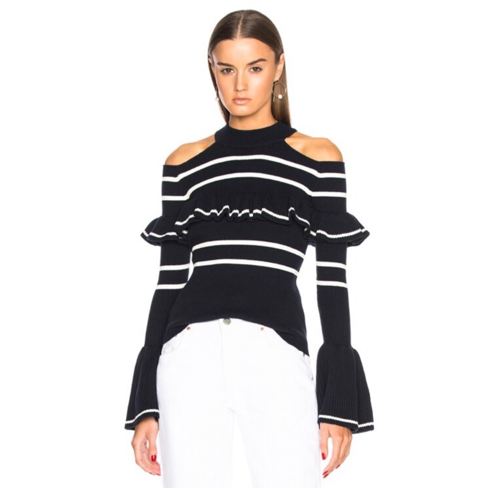 Self Portrait Cold Shoulder Frill Stripe Knit Top Navy